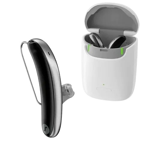 Signia Styletto rechargeable hearing aid with its charging case